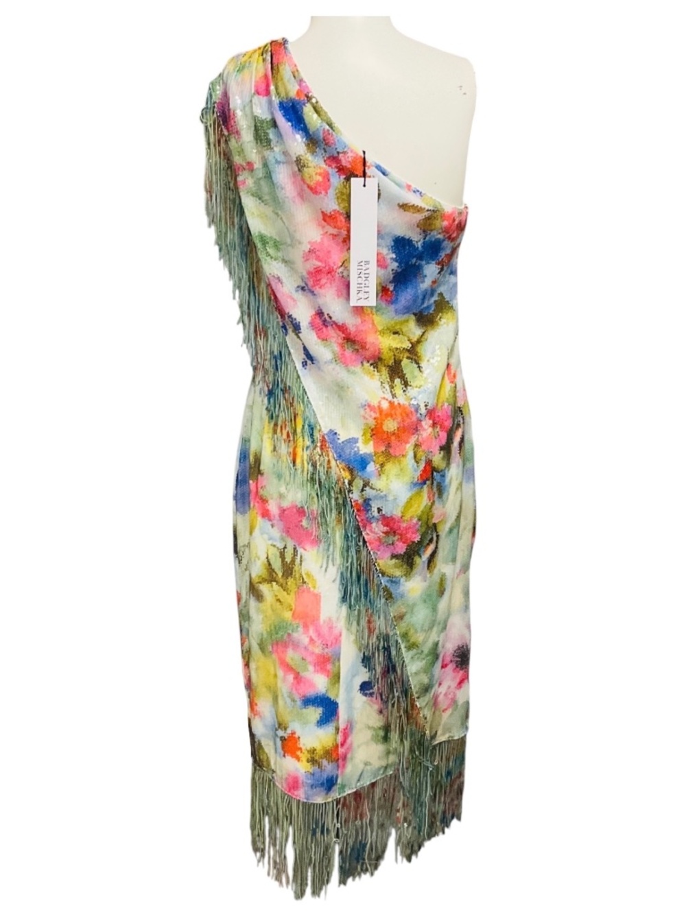 BADGLEY MISCHKA GREEN MULTI SEQUINED ONE SHOULDER COCKTAIL DRESS WITH FRINGE DET - Picture 3 of 5
